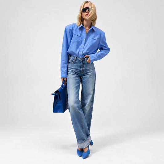 Blue & White Striped Padded-Shoulder Shirt