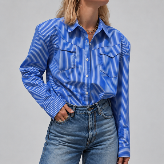 Blue & White Striped Padded-Shoulder Shirt