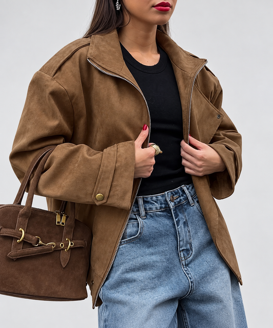 Khaki Faux Suede Oversized Jacket
