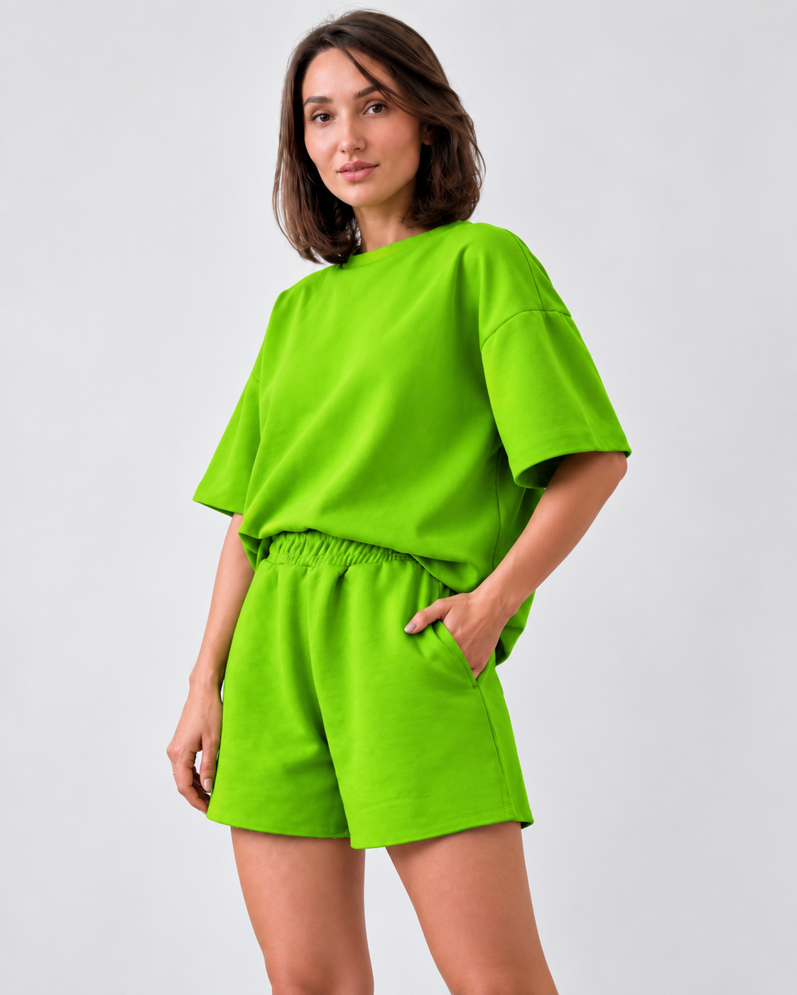 Lime Green Oversized T-Shirt & Shorts Two-Piece Set