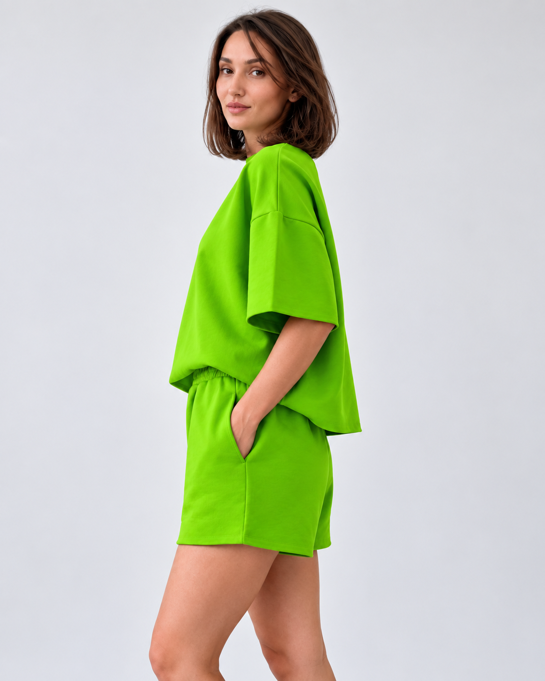 Lime Green Oversized T-Shirt & Shorts Two-Piece Set