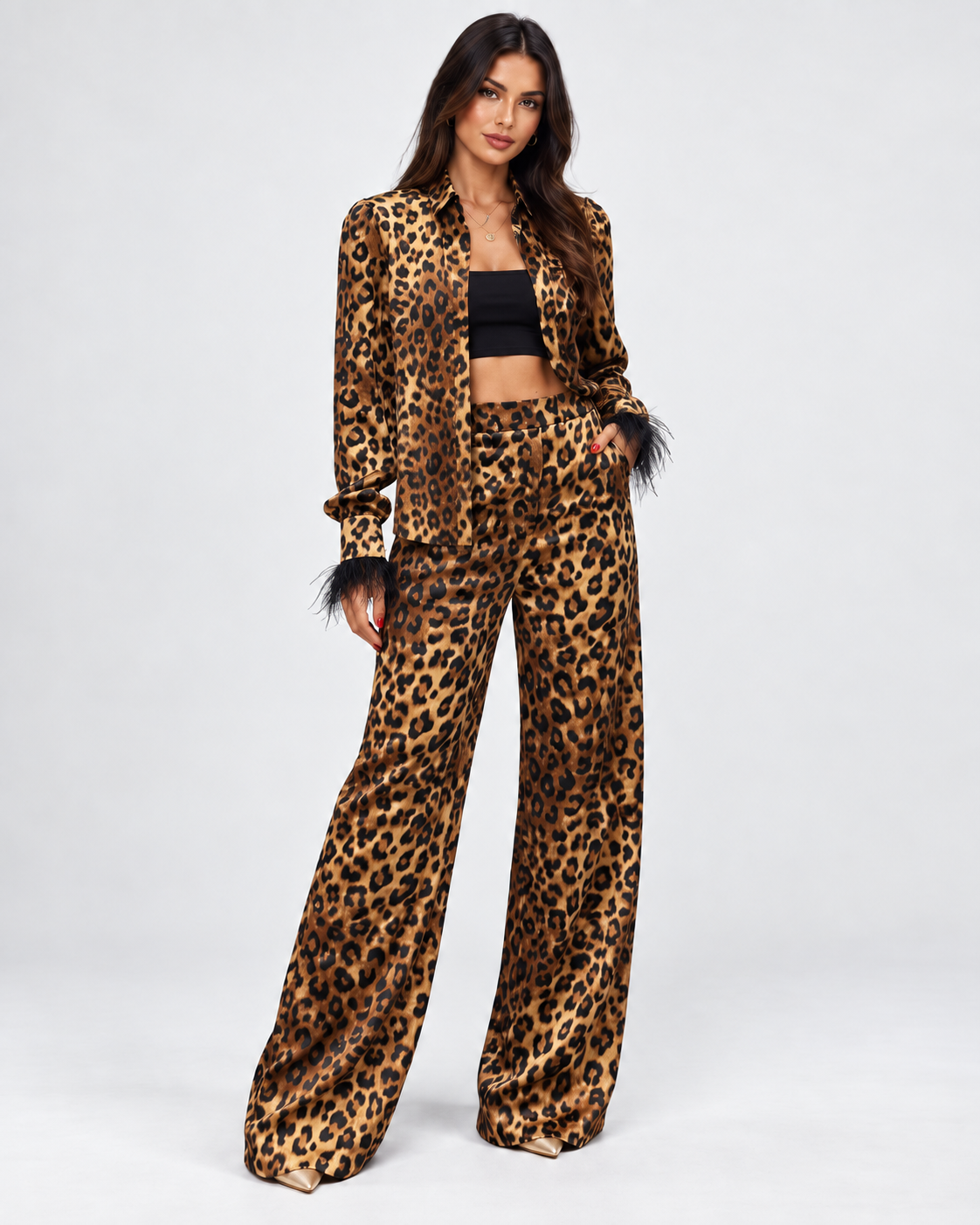 Leopard Feather-Trim Satin Two-Piece Set