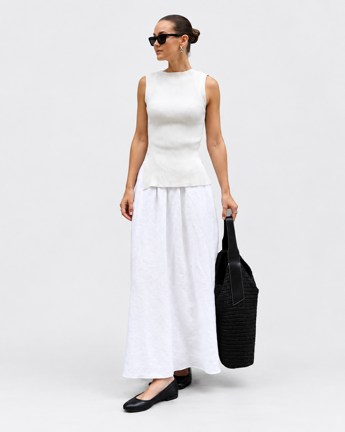 White Cotton-Linen High-Waist A-Line Maxi Skirt