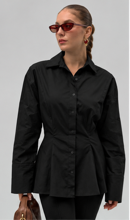 Black Fitted Cotton Button-Up Peplum Shirt