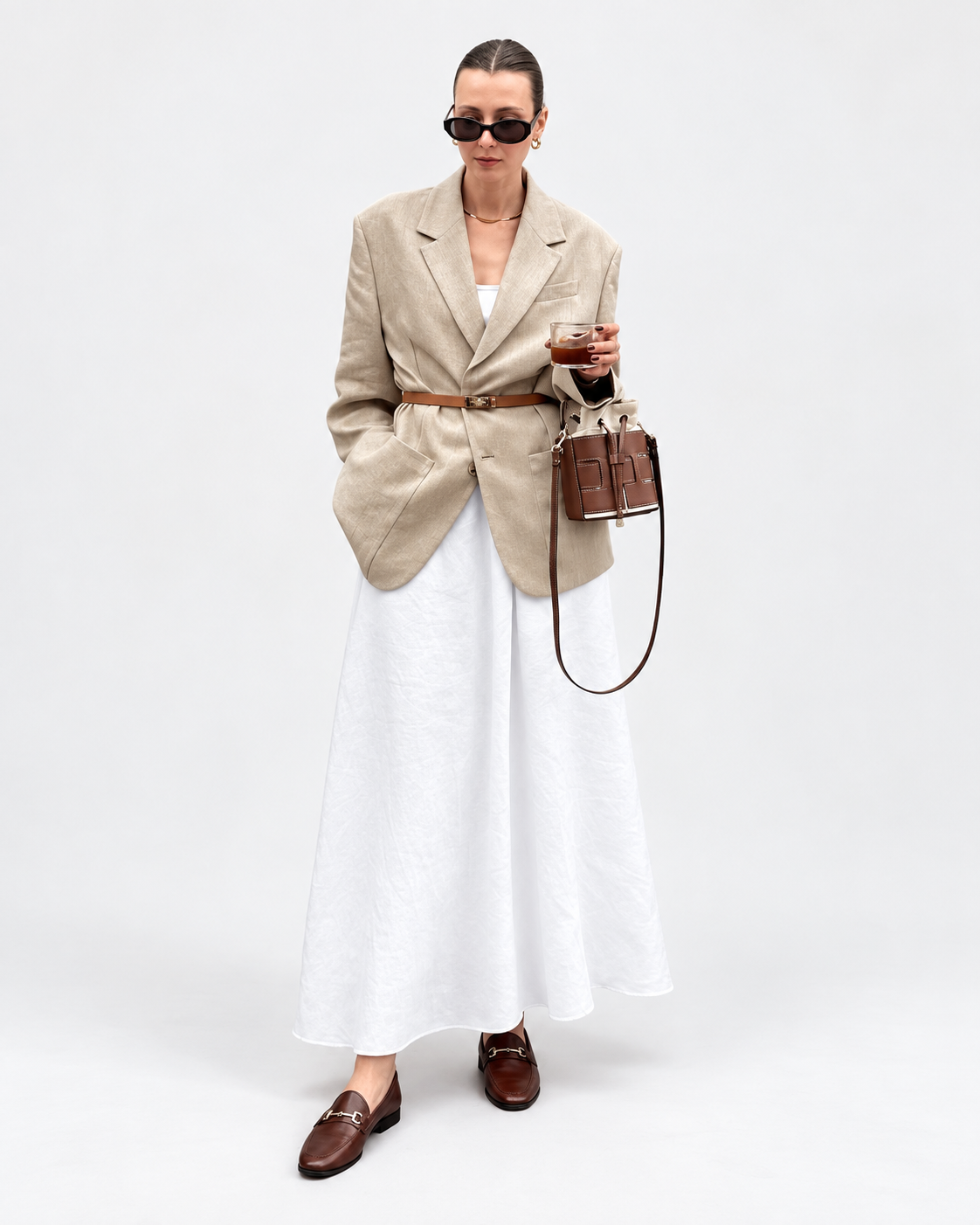 White Cotton-Linen High-Waist A-Line Maxi Skirt