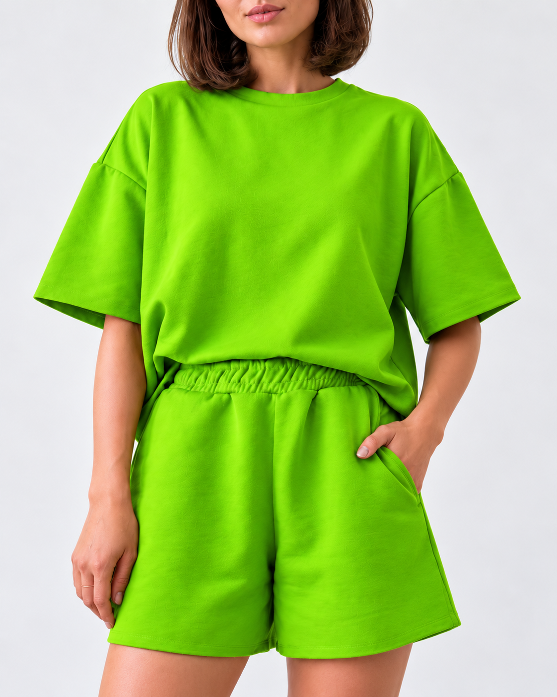 Lime Green Oversized T-Shirt & Shorts Two-Piece Set
