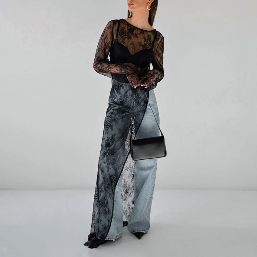 Sheer Lace Long-Sleeve Top