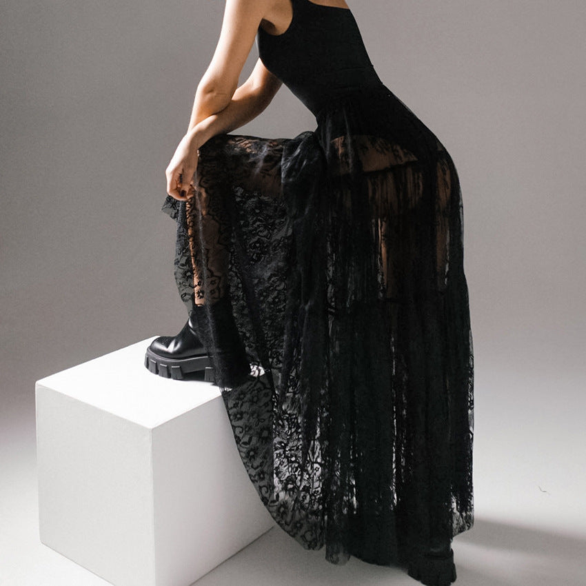 Retro Lace See-Through Maxi Skirt